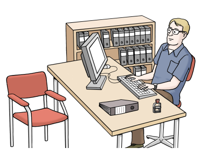 Amt mit Schreibtisch und Mitarbeiter