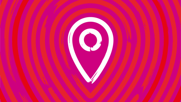 Weißes Standort-Icon auf pinkem und roten Hintergrund