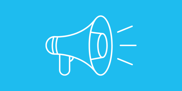 Icon Megafon auf blauem Hintergrund.